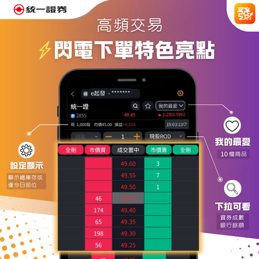 統一證券 e起發 App 閃電下單介面