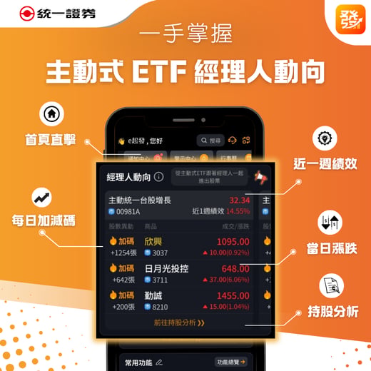 統一證券 e起發 App 主動式 ETF 經理人動向介面