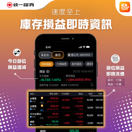 統一證券 e起發 App 可集中查看庫存、行情與損益資訊