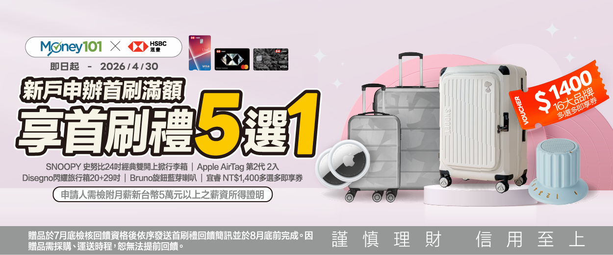 滙豐信用卡辦卡享Money01通路限定首刷禮5選1