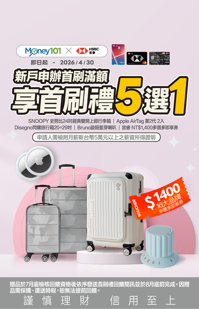 滙豐信用卡辦卡享Money01通路限定首刷禮5選1