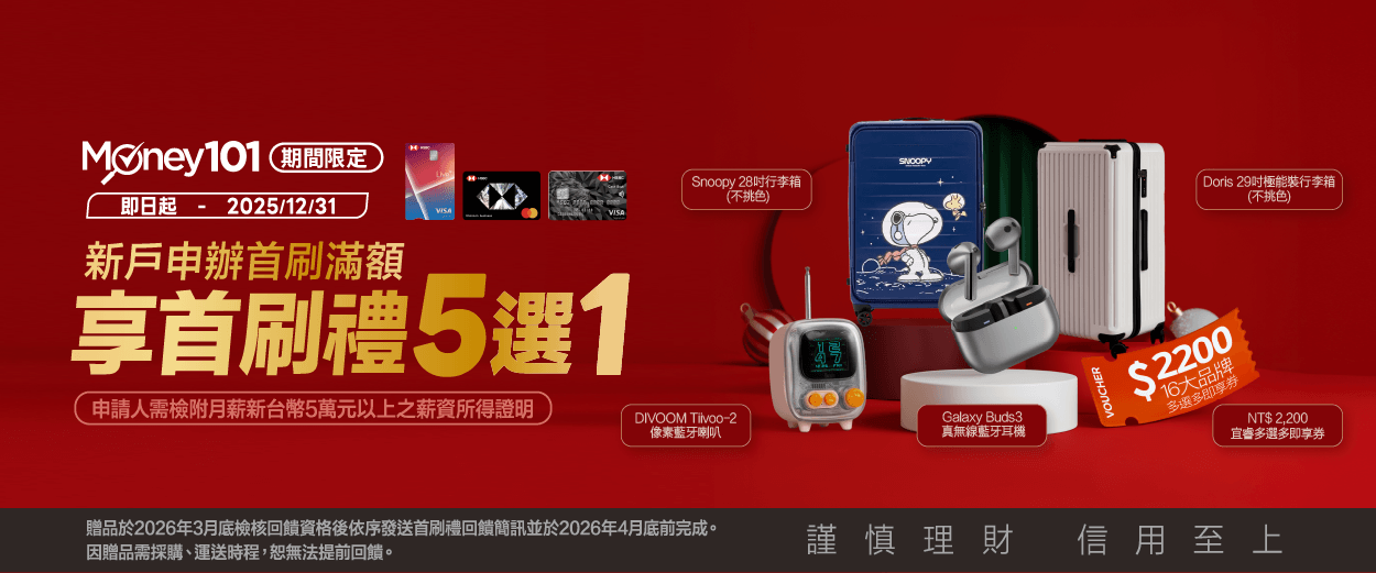 滙豐信用卡辦卡享Money01通路限定首刷禮5選1