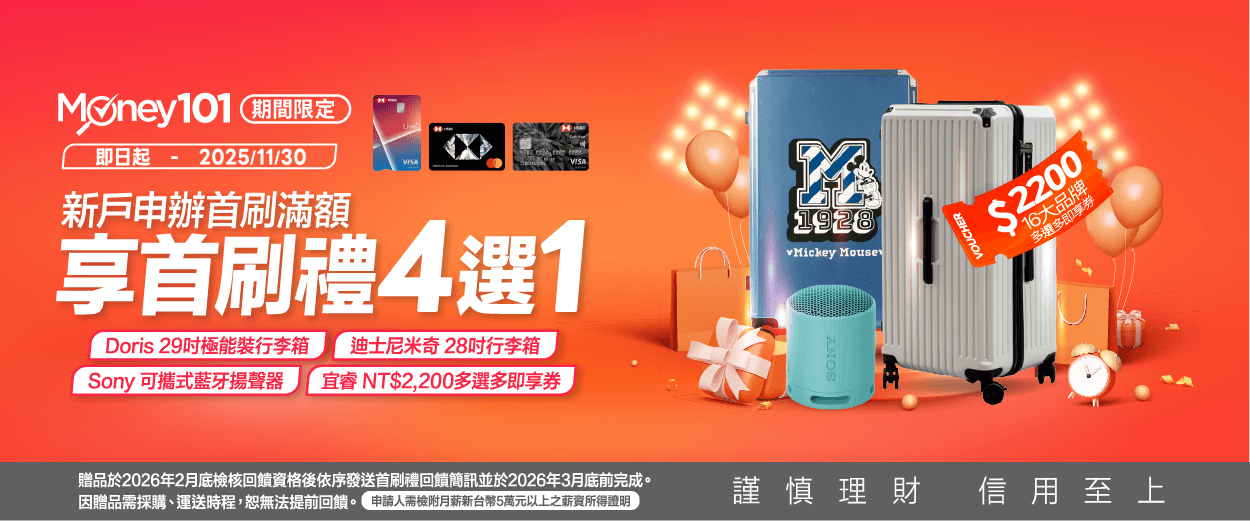 滙豐信用卡辦卡享Money01通路限定首刷禮4選1