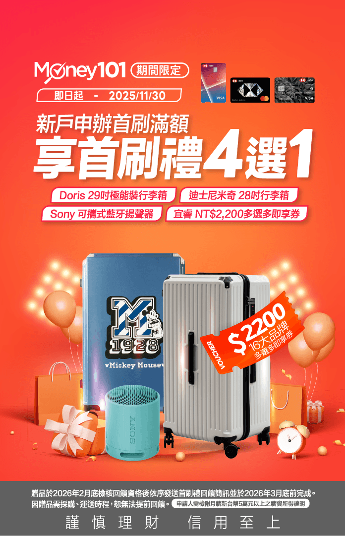 滙豐信用卡辦卡享Money01通路限定首刷禮4選1
