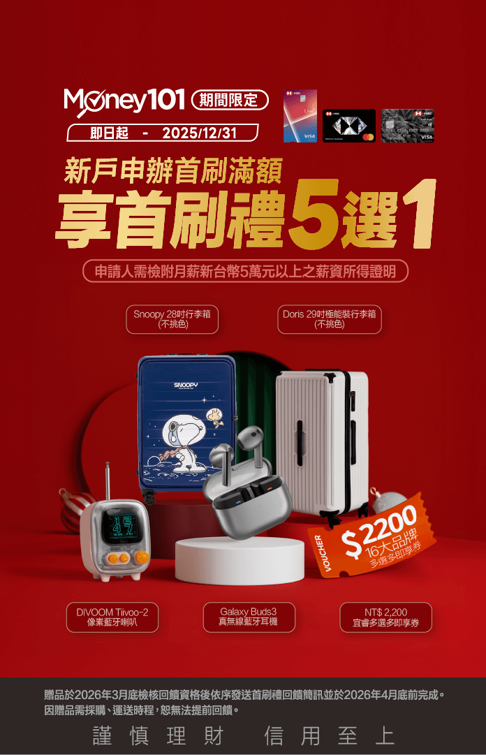 滙豐信用卡辦卡享Money01通路限定首刷禮5選1