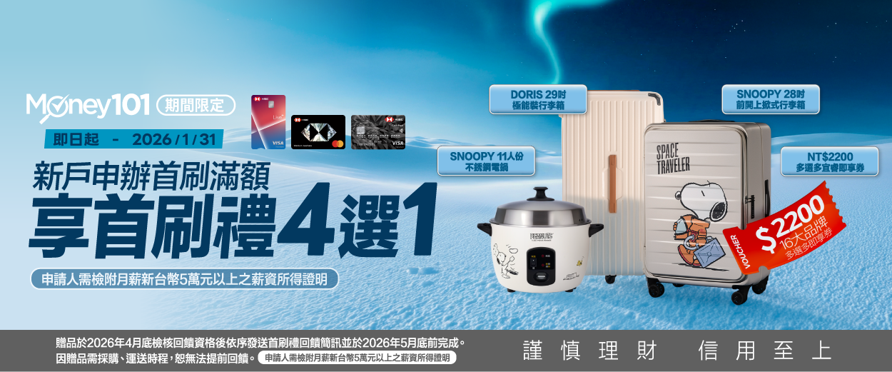 滙豐信用卡辦卡享Money01通路限定首刷禮4選1