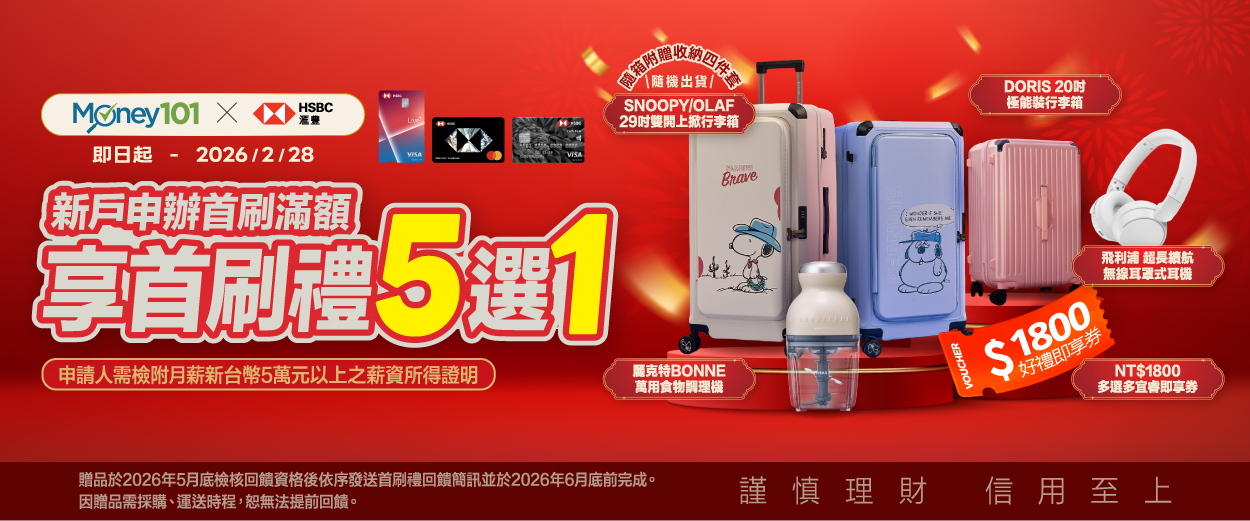 滙豐信用卡辦卡享Money01通路限定首刷禮5選1
