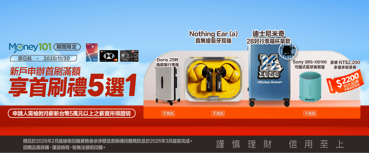 滙豐信用卡辦卡享Money01通路限定首刷禮5選1