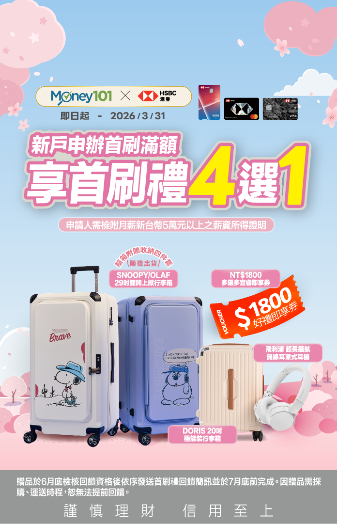 滙豐信用卡辦卡享Money01通路限定首刷禮4選1