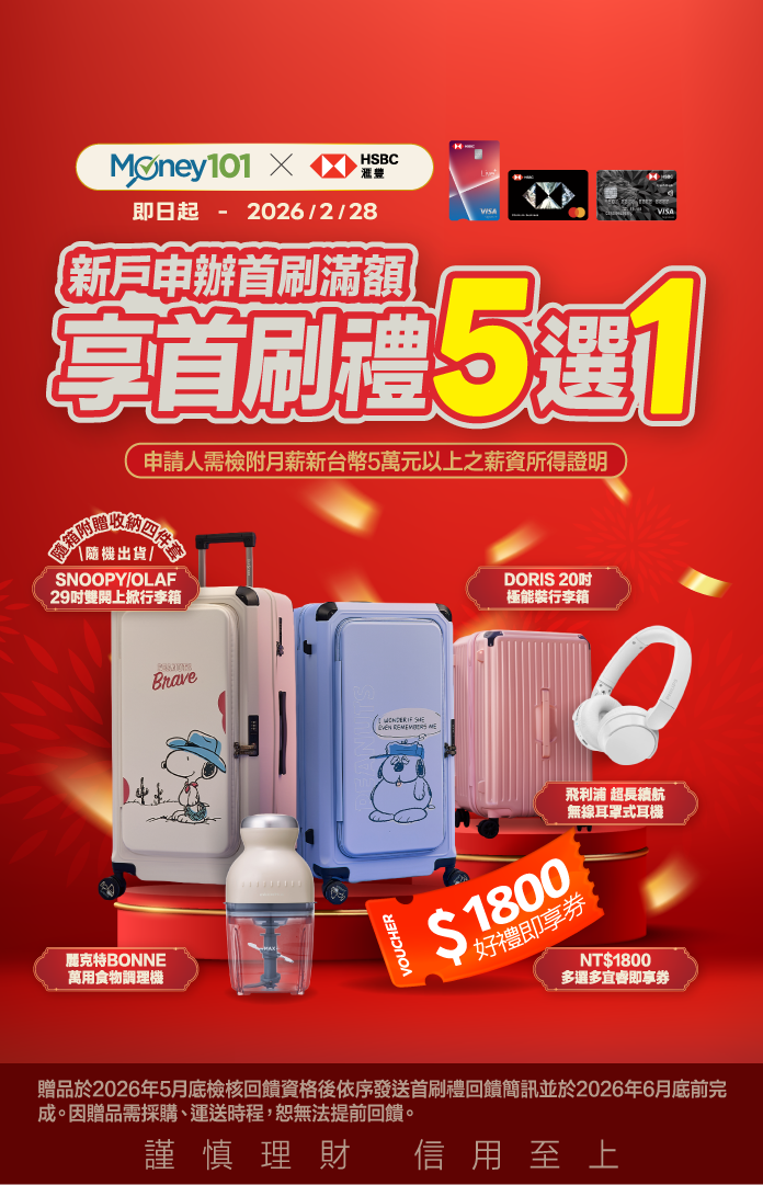 滙豐信用卡辦卡享Money01通路限定首刷禮5選1