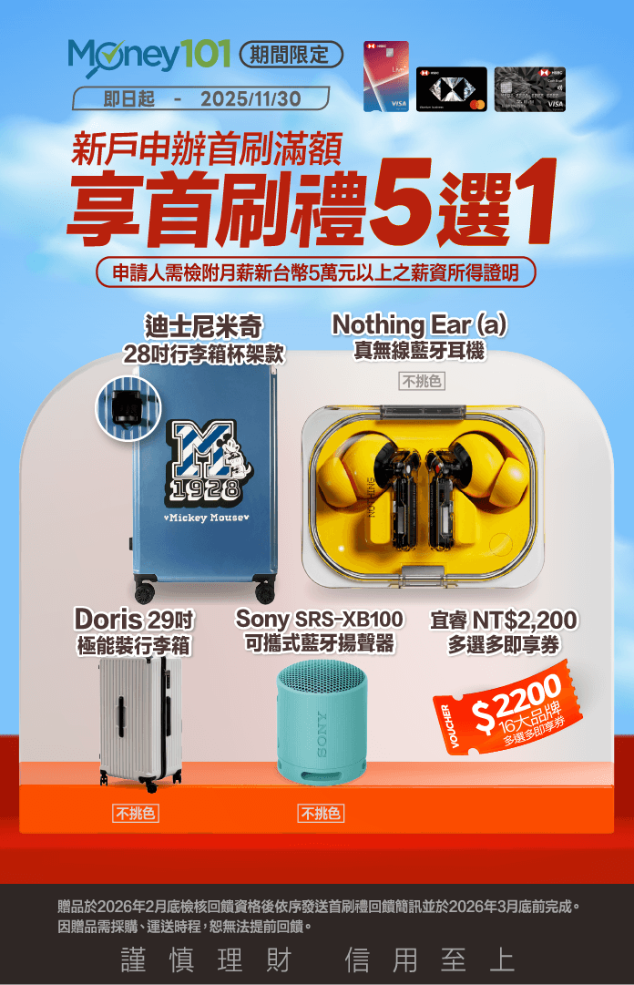 滙豐信用卡辦卡享Money01通路限定首刷禮5選1